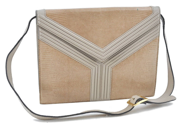 YVES SAINT LAURENT Crocodile Motif Shoulder Cross Bag PVC Leather Beige H5855