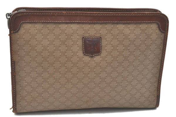Authentic CELINE Macadam Blason Pattern Clutch Bag PVC Leather Beige Brown H5873