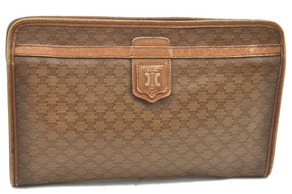 Authentic CELINE Macadam Blason Pattern Clutch Bag PVC Leather Beige Brown H5890