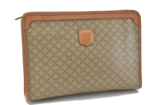 Authentic CELINE Macadam Blason Pattern Clutch Bag PVC Leather Beige Brown H5891