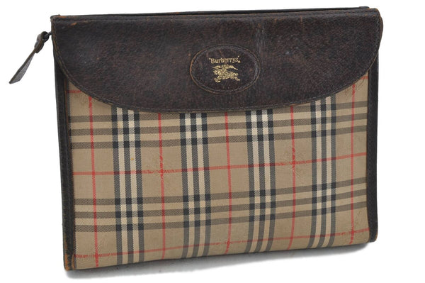 Auth Burberrys Vintage Nova Check Clutch Bag Canvas Leather Beige Brown H5900