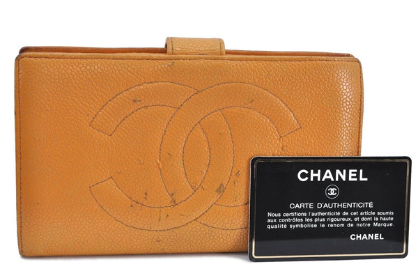 Auth CHANEL Caviar Skin CC Logo CoCo Mark Long Wallet Purse Orange Beige H5912