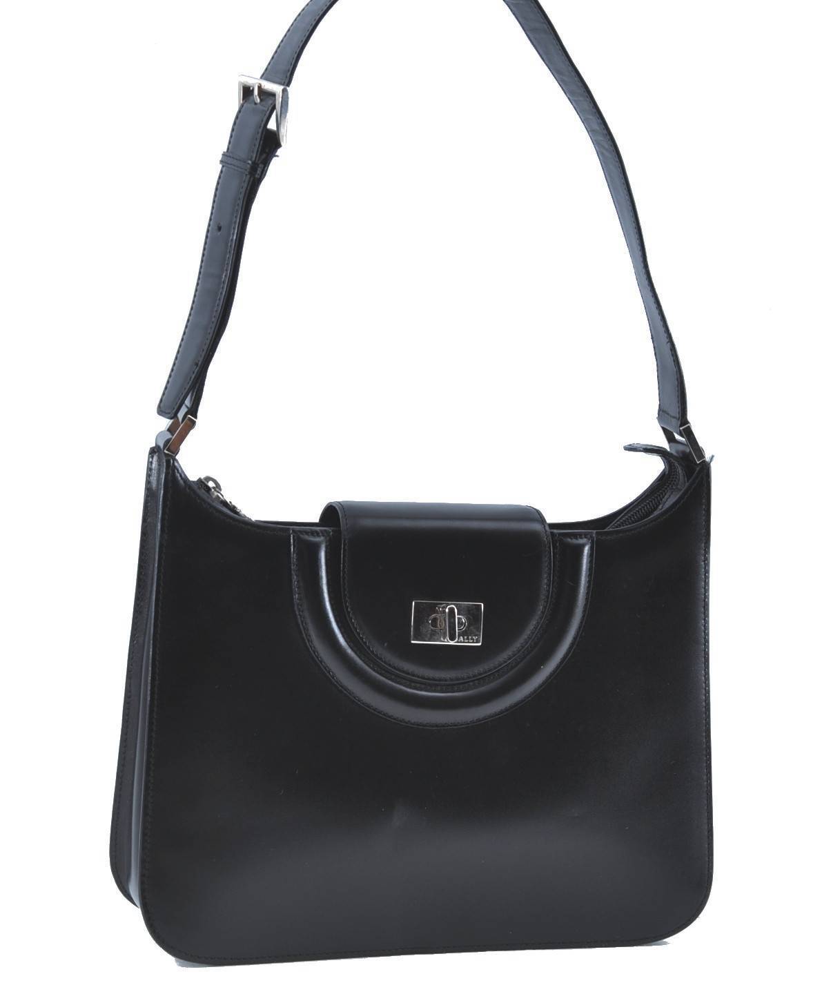 Authentic BALLY Leather Shoulde Bag Purse Black H5916