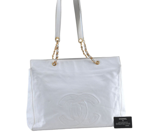 Authentic CHANEL Caviar Skin CC Logo Chain Shoulder Tote Bag White H5919