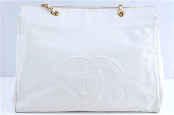 Authentic CHANEL Caviar Skin CC Logo Chain Shoulder Tote Bag White H5919