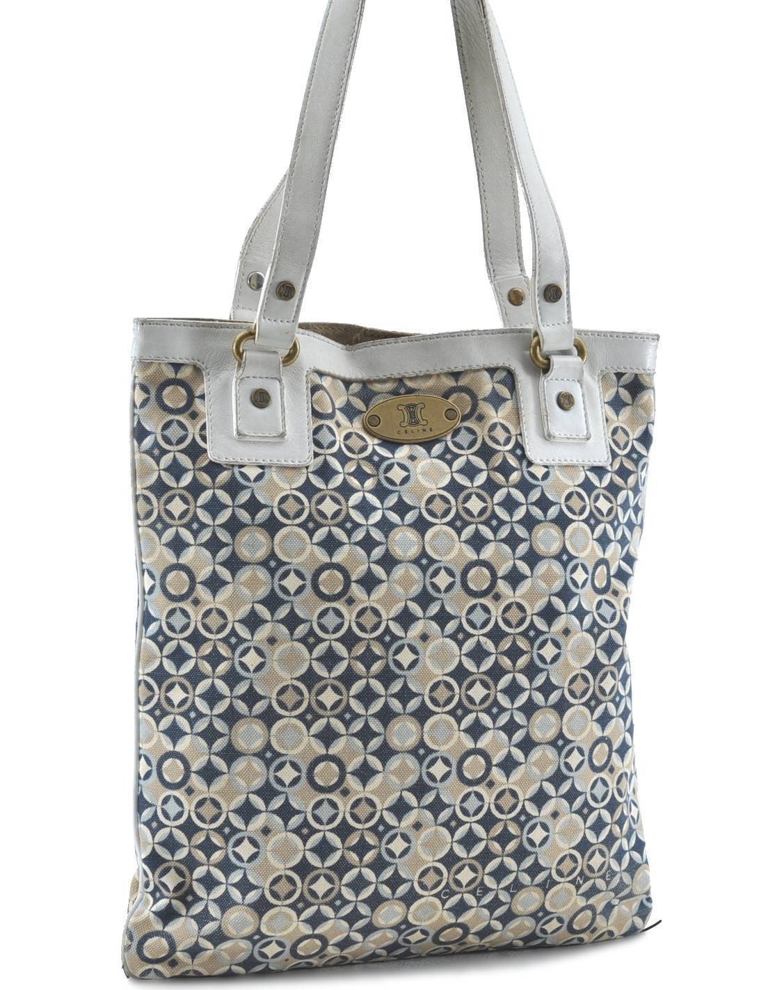Authentic CELINE Shoulder Tote Bag Purse Canvas Leather Navy White H5925