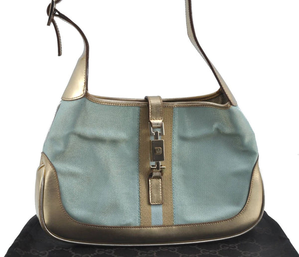 Authentic GUCCI Jackie Shoulder Hand Bag Canvas Leather 0013735 Light Blue H5940