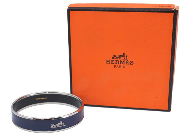 Authentic HERMES Email GM Bangle Horse Carriage Silver Navy Blue Box H6012