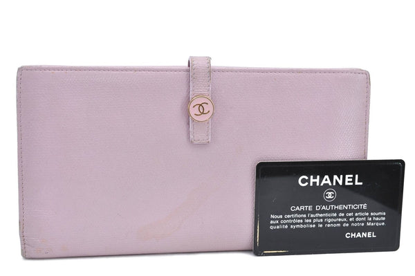 Authentic CHANEL Calf Skin CoCo Button Bifold Long Wallet Purse Pink H6026