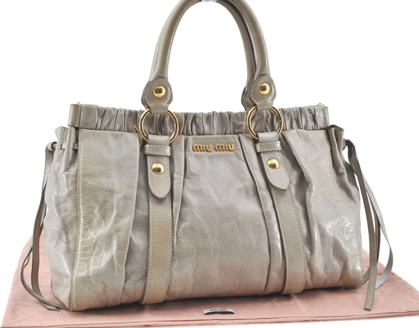 Authentic MIU MIU Leather Tote Hand Bag Light Gray H6044