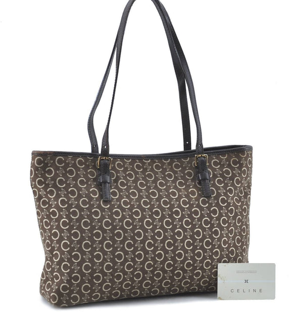 Authentic CELINE C Macadam Blason Shoulder Tote Bag Canvas Leather Brown H6179