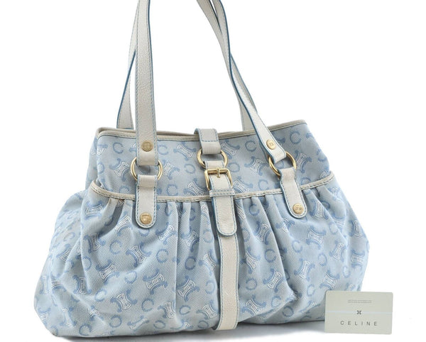 Auth CELINE C Macadam Blason Shoulder Tote Bag Canvas Leather Light Blue H6183