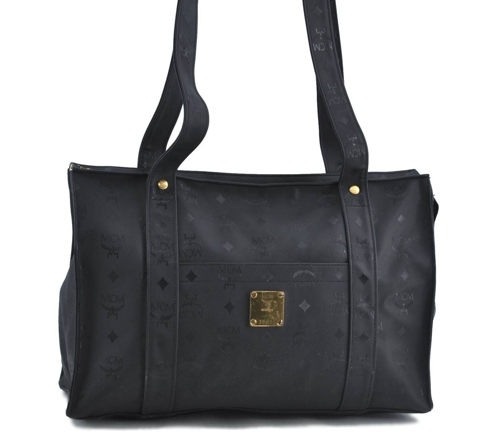 Authentic MCM PVC Vintage Shoulder Tote Bag Black H6186