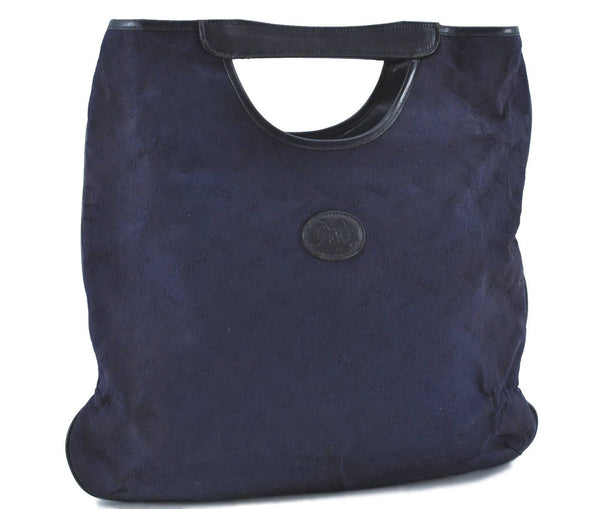 Auth CELINE C Macadam Carriage Blason Hand Bag Canvas Leather Navy Blue H6187