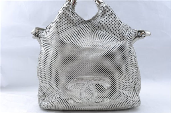 Authentic CHANEL Calf Skin Chain Shoulder Cross Body Bag Purse Silver CC H6190