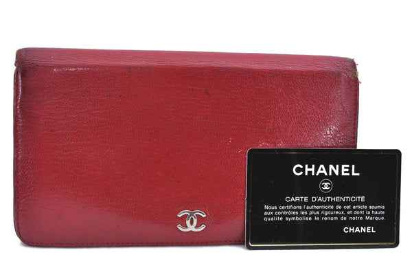 Authentic CHANEL Calf Skin Bifold Long Wallet Purse CC Logo Red H6236