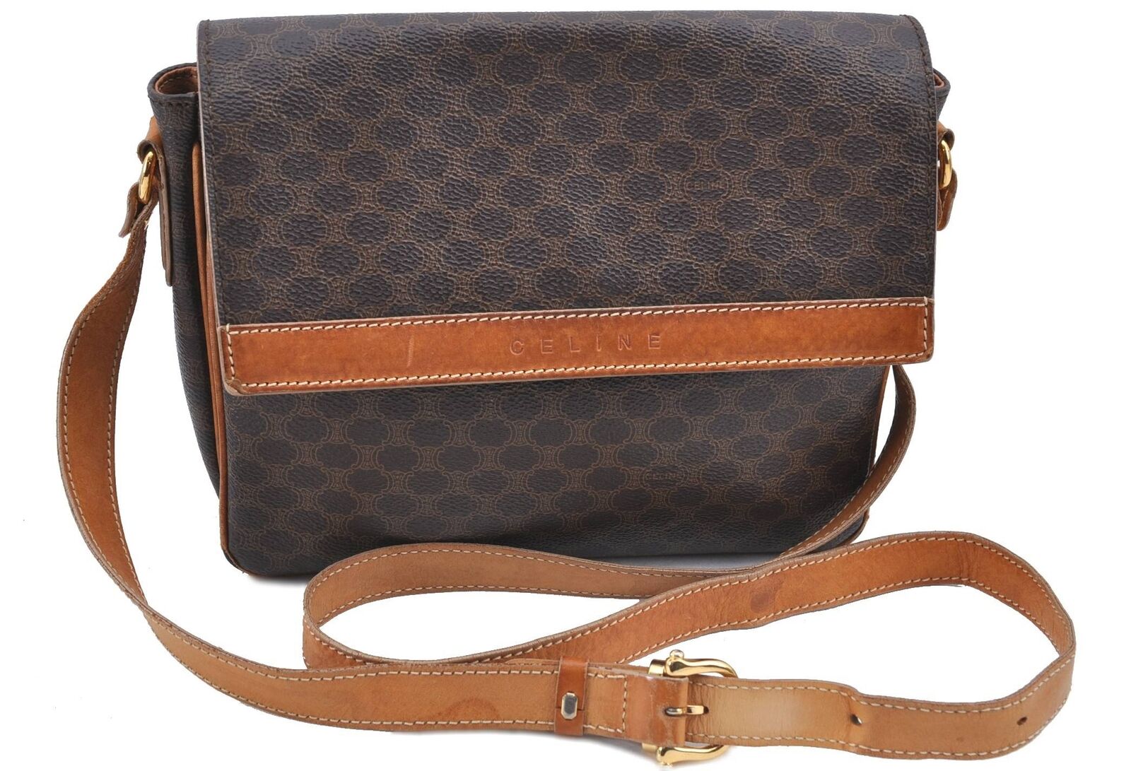 Authentic CELINE Macadam Blason Shoulder Cross Bag Leather Brown Beige H6263