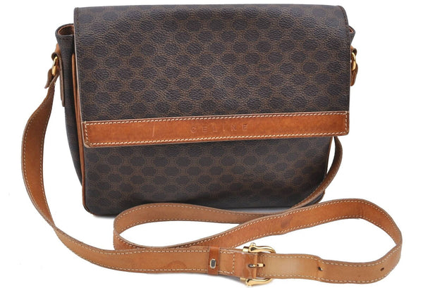 Authentic CELINE Macadam Blason Shoulder Cross Bag Leather Brown Beige H6263