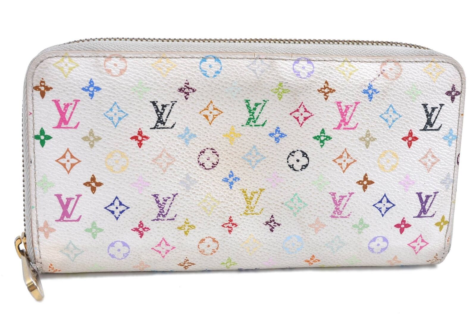 Auth Louis Vuitton Monogram Multicolor Zippy Wallet White Orange M60274 LV H6322