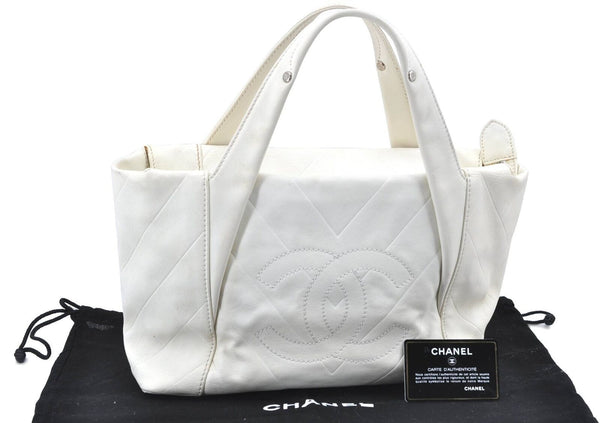 Authentic CHANEL Calf Skin Hand Tote Bag Purse White Ivory CC H6364