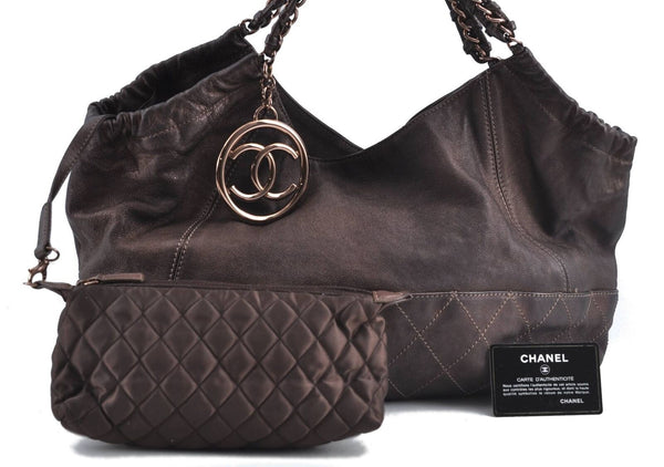 Authentic CHANEL CoCo Cabas Chain Shoulder Bag Leather Brown CC H6383