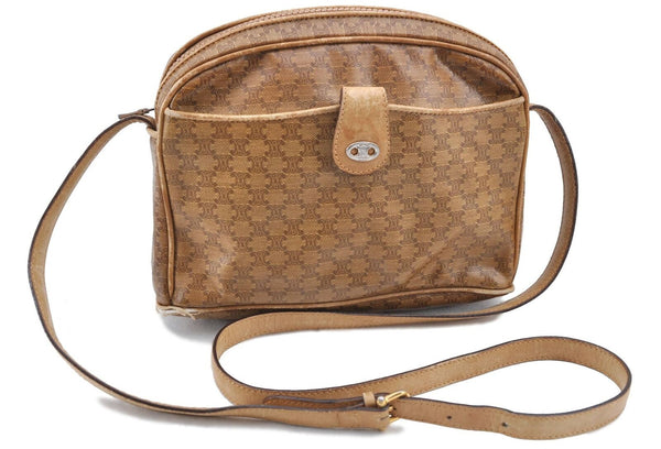 Authentic CELINE Macadam Blason Shoulder Cross Bag PVC Leather Brown Beige H6391