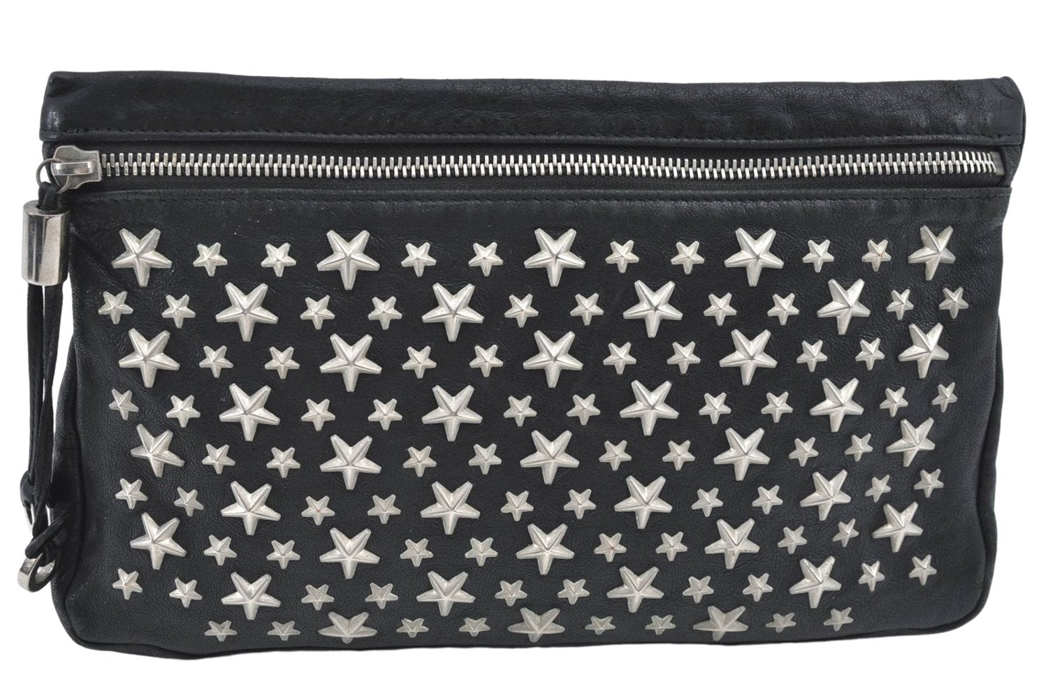 Authentic JIMMY CHOO Star Studs Leather Clutch Hand Bag Purse Black H6426