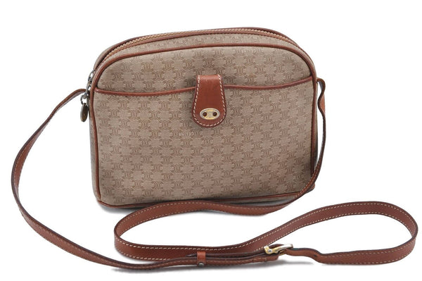 Authentic CELINE Macadam Blason Shoulder Cross Bag PVC Leather Beige H6483