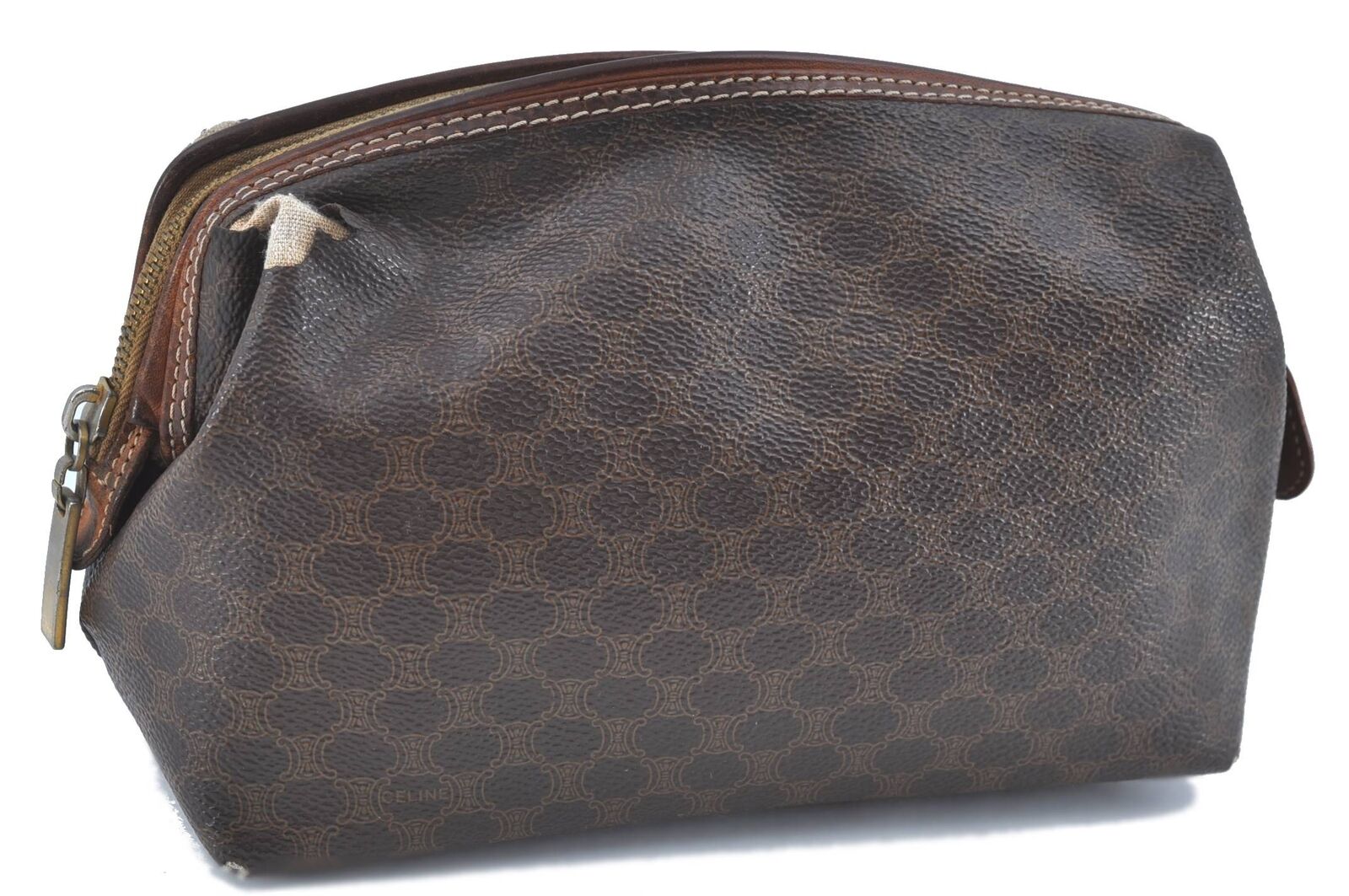Authentic CELINE Macadam Blason Pattern Pouch PVC Leather Brown H6524