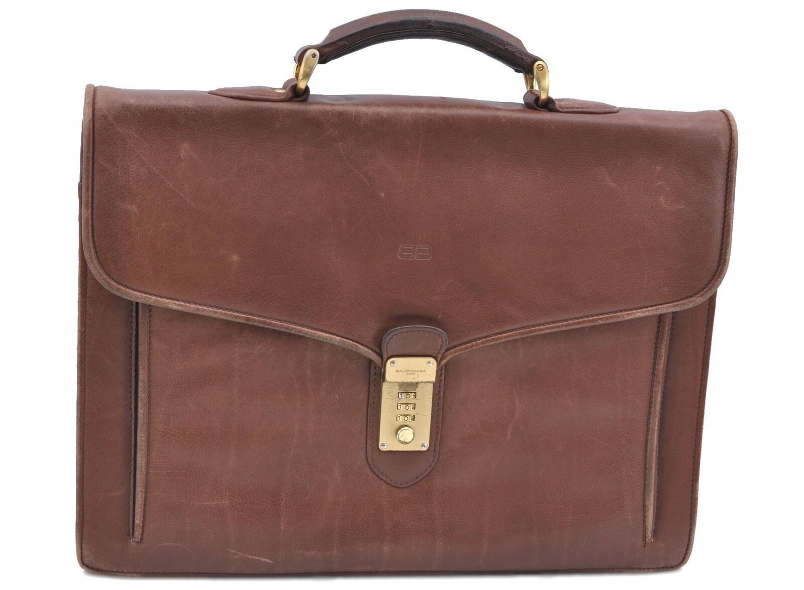 Authentic BALENCIAGA Brief Case Leather Brown H6529