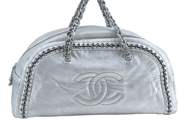 Authentic CHANEL Luxury Calf Skin Chain Hand Boston Bag Purse Silver CC H6535