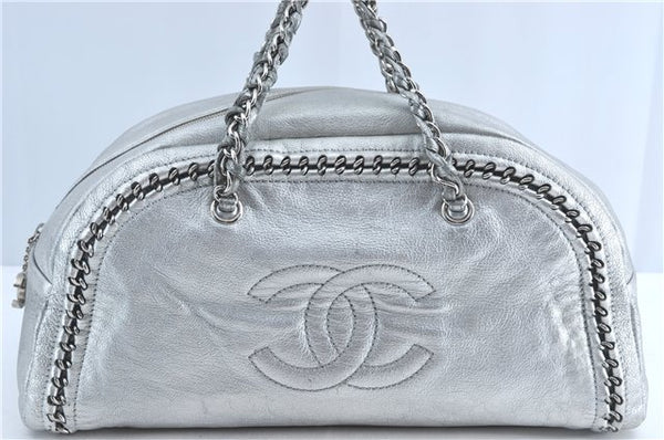 Authentic CHANEL Luxury Calf Skin Chain Hand Boston Bag Purse Silver CC H6535