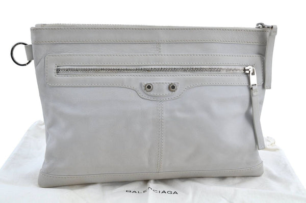 Authentic BALENCIAGA Classic Clip M Clutch Bag Leather 273022 Light Gray H6565