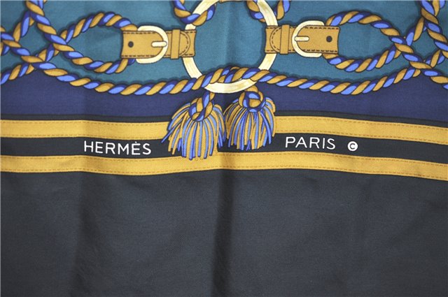 Authentic HERMES Carre 90 Scarf Tassel Fringe Motif Silk Black H6610