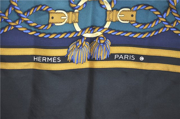 Authentic HERMES Carre 90 Scarf Tassel Fringe Motif Silk Black H6610