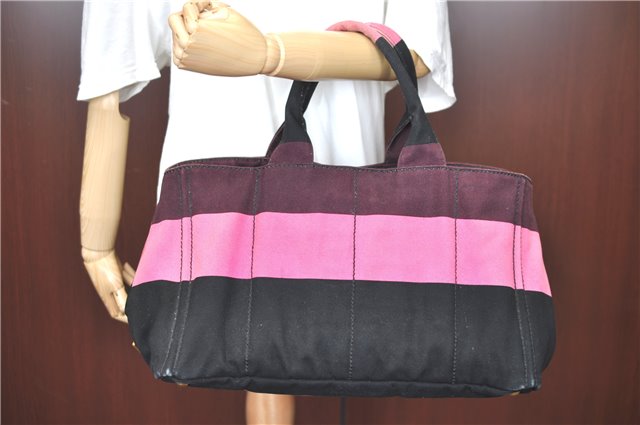 Authentic PRADA Canapa Canvas Cotton Tote Hand Bag Pink Black H6627