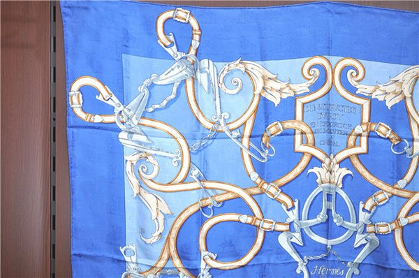 Authentic HERMES Carre 90 Scarf "L’INSTRVCTION DV ROY" Silk Blue H6646