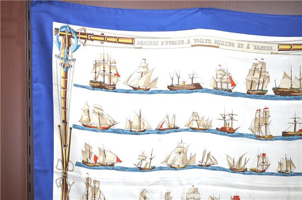 Auth HERMES Carre 90 Scarf "NAVIRES D'EUROPE A VOILES, MIXTES" Silk Navy H6685