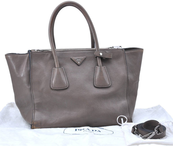 Authentic PRADA Leather 2Way Shoulder Tote Bag Brown Gray H6859