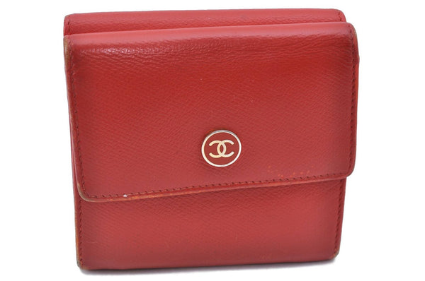 Authentic CHANEL Calf Skin CoCo Button Bifold Wallet Purse Red H6997