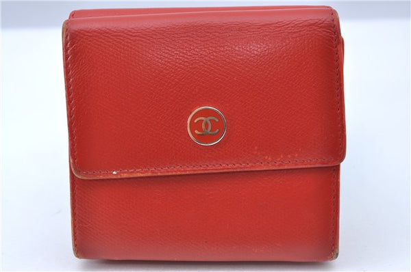 Authentic CHANEL Calf Skin CoCo Button Bifold Wallet Purse Red H6997