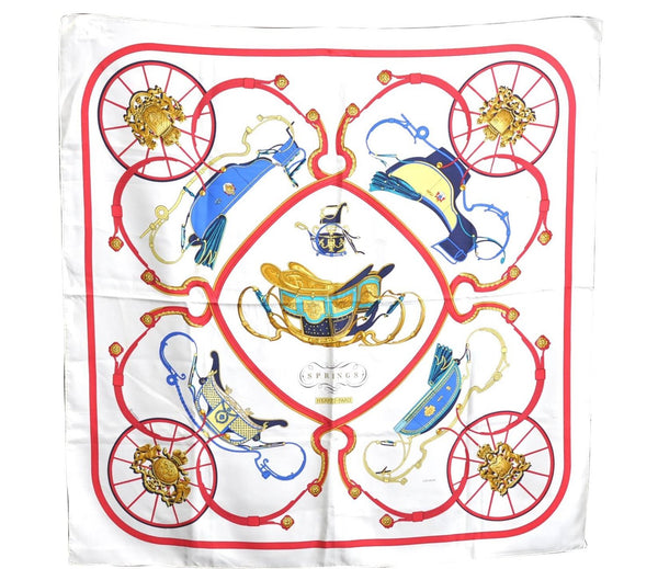 Authentic HERMES Carre 90 Scarf "SPRINGS" Silk White H7005