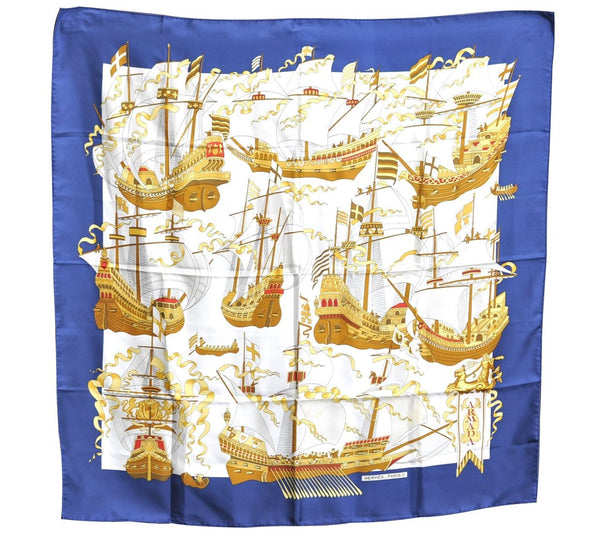 Authentic HERMES Carre 90 Scarf "ARMADA" Silk Navy Blue H7087