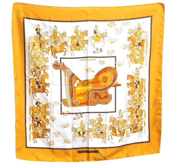 Authentic HERMES Carre 90 Scarf "ARTABAN" Silk Yellow Brown H7116