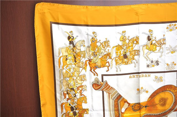 Authentic HERMES Carre 90 Scarf "ARTABAN" Silk Yellow Brown H7116