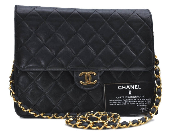 Authentic CHANEL Lamb Skin Matelasse Chain Shoulder Cross Bag Black Junk H7171