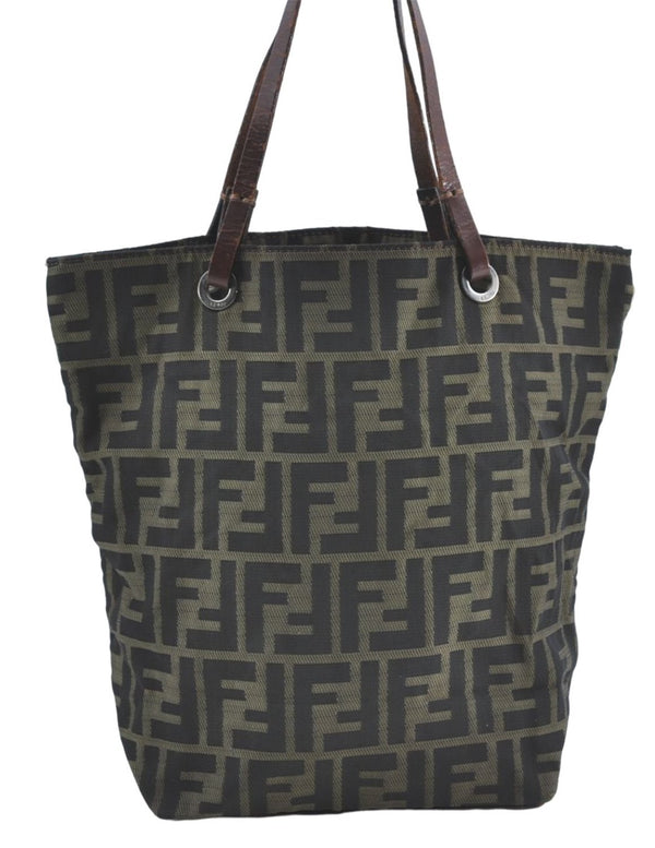 Authentic FENDI Zucca Tote Hand Bag Purse Nylon Leather Brown Black H7203