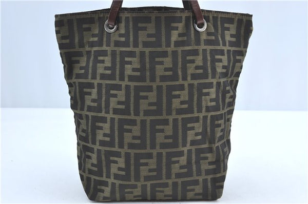 Authentic FENDI Zucca Tote Hand Bag Purse Nylon Leather Brown Black H7203