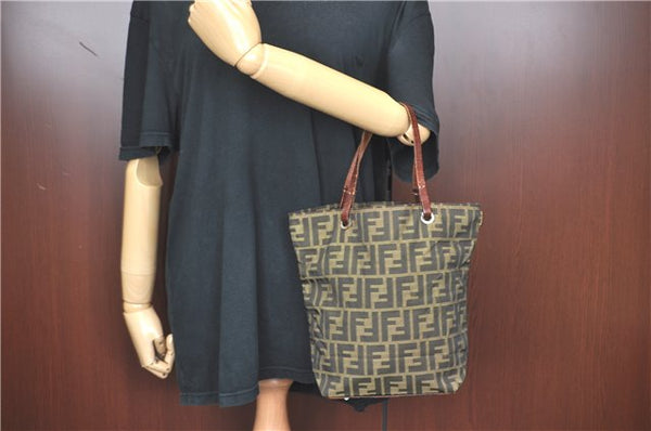 Authentic FENDI Zucca Tote Hand Bag Purse Nylon Leather Brown Black H7203