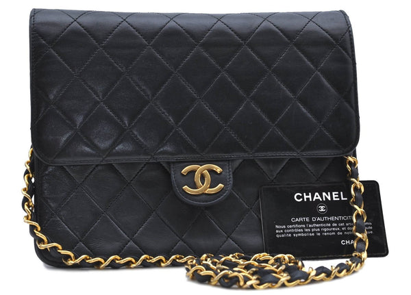 Authentic CHANEL Lamb Skin Matelasse Chain Shoulder Cross Bag Black Junk H7218